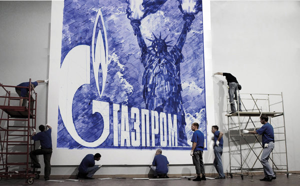 A canvas by Andrei Molodkin, showing  the logo of Gazprom, the giant Russian gas company, beneath a two-fisted Statue of Liberty.  