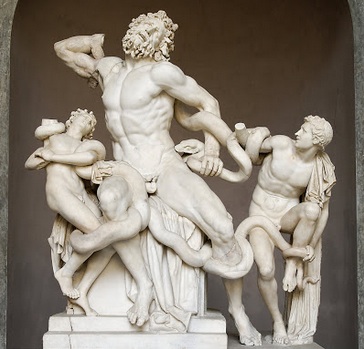 'Laocoon and his sons,' Marble, possibly Greek Helenistic Baroque, possibly Roman, possibly 16th century and by Michaelangelo.  Discovered in Rome in 1506.