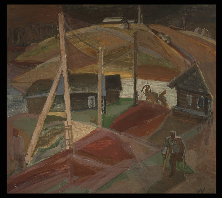 Landscape with Invalid, Nikolai Andronov, oil on board, 105 x 117cm, 1963