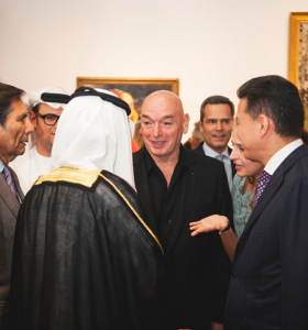 Jean Nouvel, the architect of the Louvre Abu Dhabi, and recipient of awards including the Aga Khan award, the Wolf prize, and the Pritzker Architecture prize for his over 200 projects, talking to the Sheihk Nahyan and the Russian Ambassador to the UAE, Alexander Efimov. 