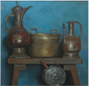 Korzhev 'Still life with Jugs.' Korzhev has said that in time he belives his still lives will be considered amoung his most famous works. Paintings such as this look simple but the artsist made enourmous efforts to arrange harmonius compsoitions and reused favorite objects all thorugh his career.