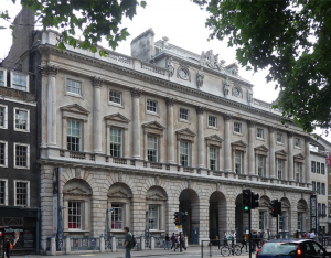 Somerset House's facade on the Strand. Built in 1776 by Sir William Chambers the fine Neoclassical building is home to the Courtauld Institute.