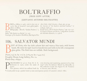 The Boltaffio Salavator Mundi entry from the 1913 Cook Collection Catalogue of the Italian School paintings complied by the Finnish art historian Tanced Boronius.