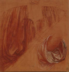 A study of drapery for a Salvator Mundi by Leonardo, c 1504, red chalk with pen and ink and white heightening on a plane red prepared paper, Collection of Queen Elizabeth II.