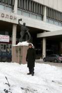 Ivan Lindsay in front of Evgeniy Vuchetich's 'Let us Beat Swords into Ploughshares' bronze outside the Tretyakov Gallery, Moscow, February, 2011